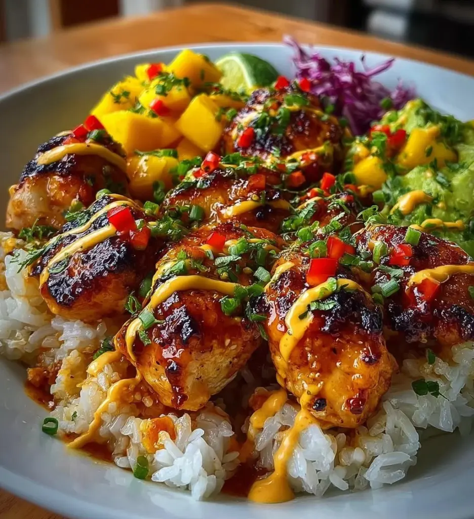 Grilled maple sriracha chicken bites served with coconut rice and mango avocado salsa