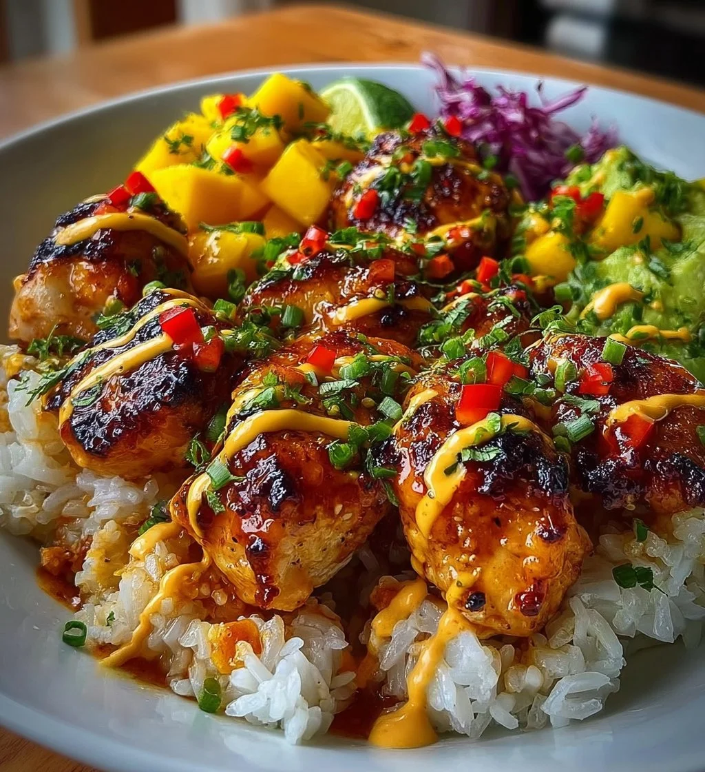 Grilled maple sriracha chicken bites served with coconut rice and mango avocado salsa