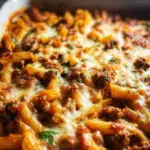 Ground Beef Cottage Cheese Pasta Bake topped with cheese and herbs
