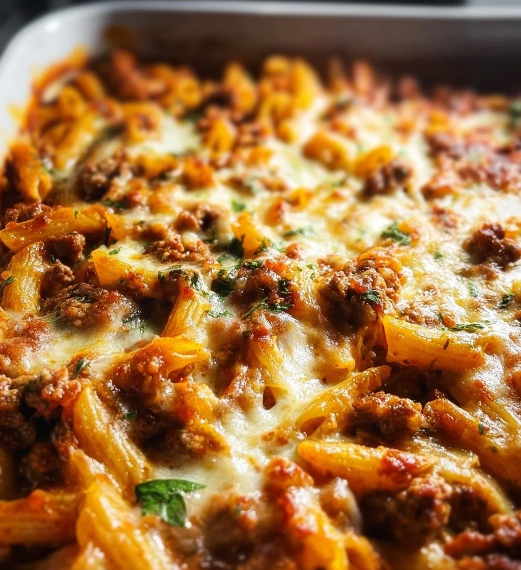 Ground Beef Cottage Cheese Pasta Bake topped with cheese and herbs