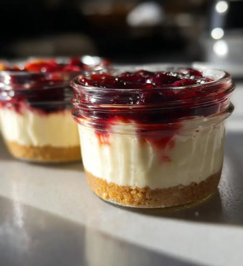 Healthy protein cheesecake jars with fresh berries and creamy texture