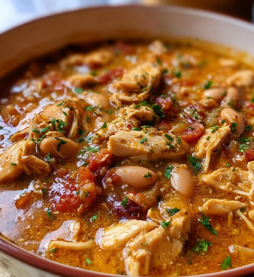 Bowl of Hearty Cajun White Chicken Chili with fresh herbs and toppings