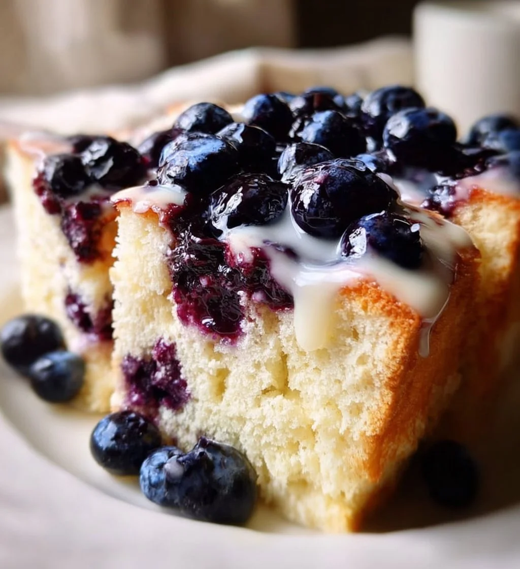 Heavenly moist blueberry lemon angel food cake on a serving plate
