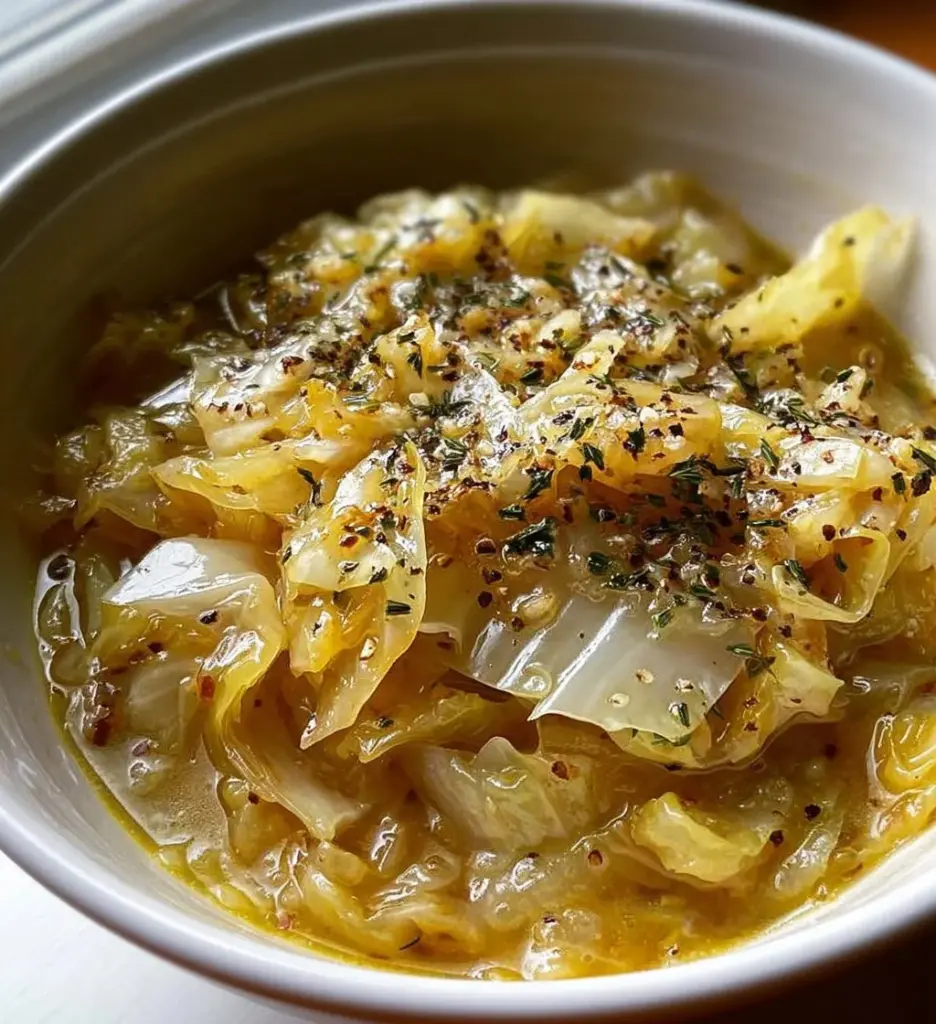 Herby cabbage simmered in a rich Parmesan broth, garnished with fresh herbs.