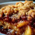 High-Protein Apple Crumble topped with nuts and oats, served in a baking dish.