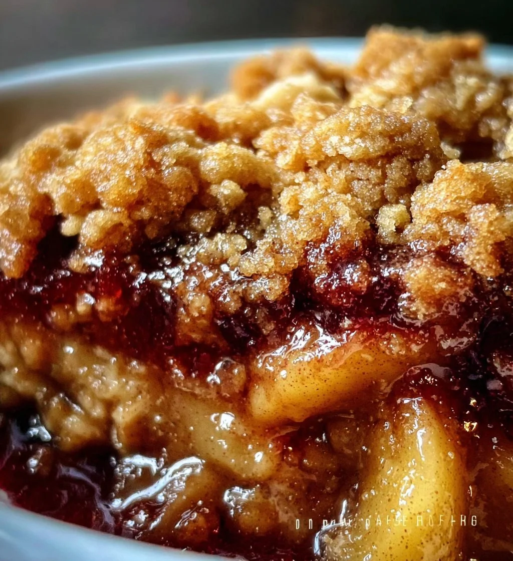 High-Protein Apple Crumble topped with nuts and oats, served in a baking dish.