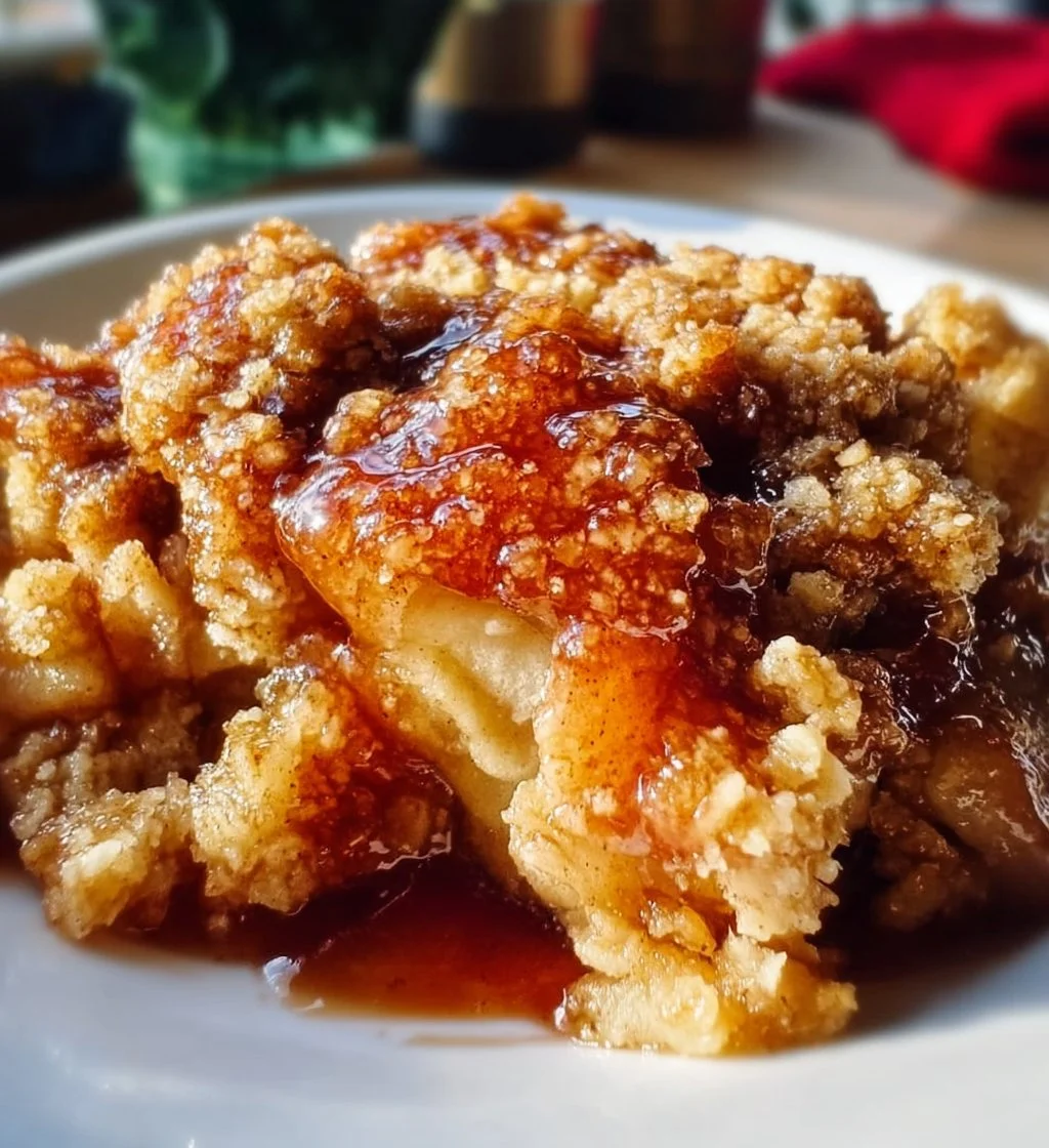 High-Protein Apple Crumble topped with oats and nuts in a baking dish