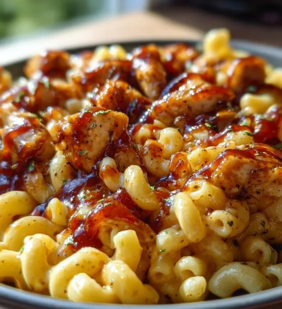 High-Protein Honey BBQ Chicken Mac & Cheese dish garnished with herbs