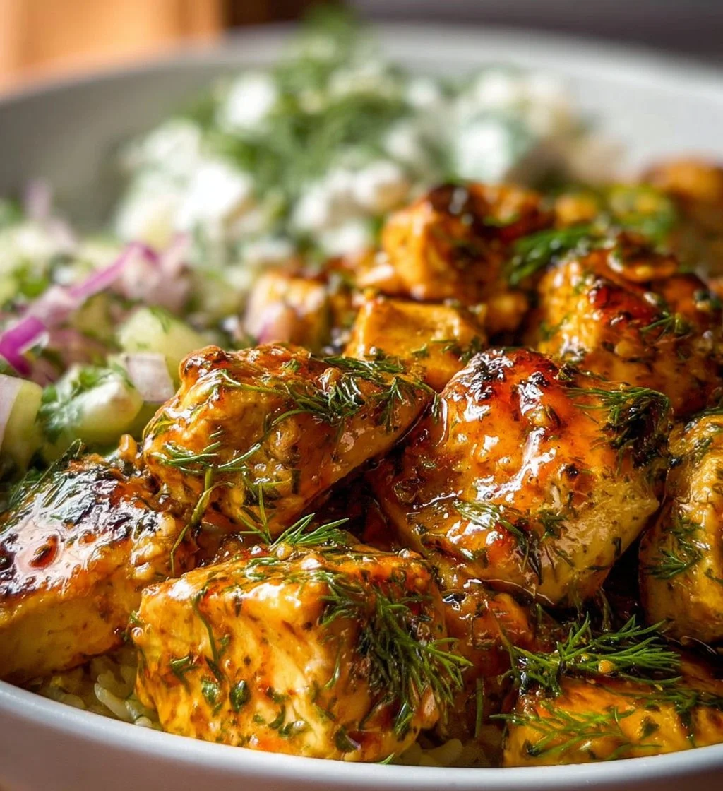 Delicious Mediterranean Chicken Bowls with lemon-dill dressing and fresh ingredients