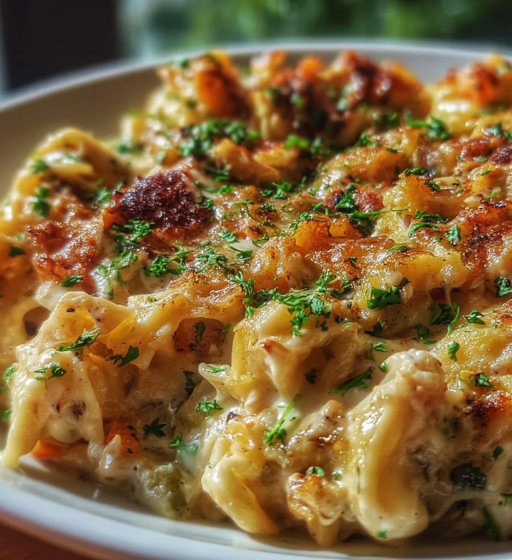 High-protein tuna casserole with Greek yogurt sauce on a plate
