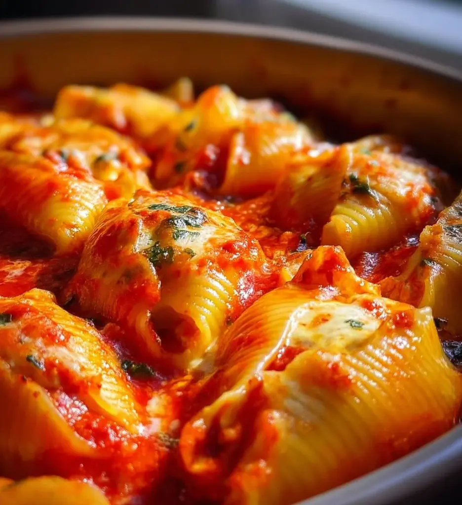 Plate of homemade cottage cheese stuffed shells topped with marinara sauce