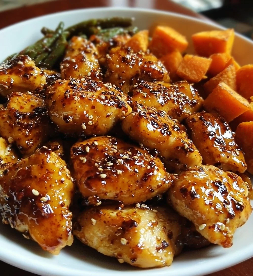 Honey Garlic Chicken dish served with roasted sweet potato on a plate