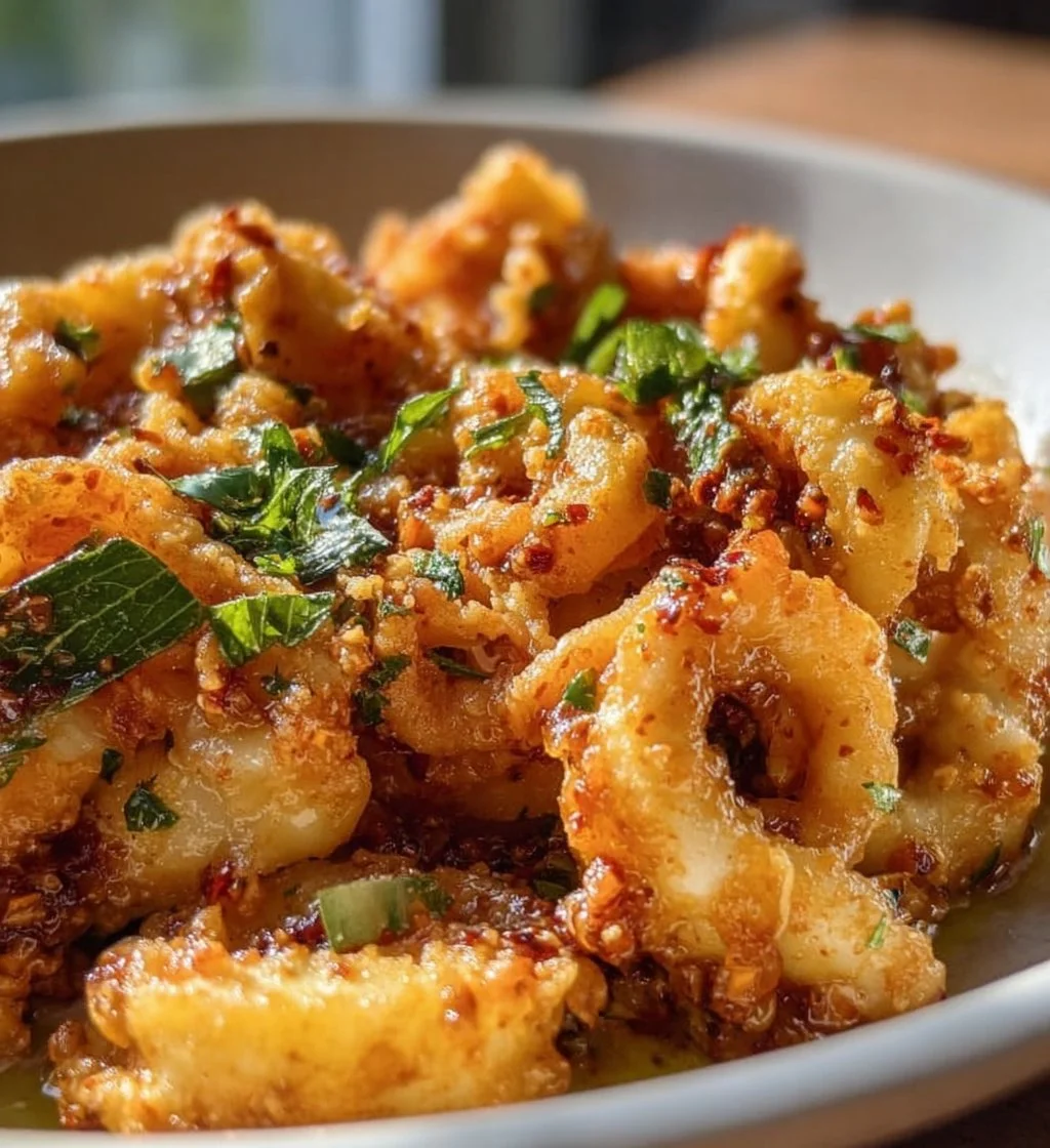 Delicious hot butter calamari served with herbs and spices
