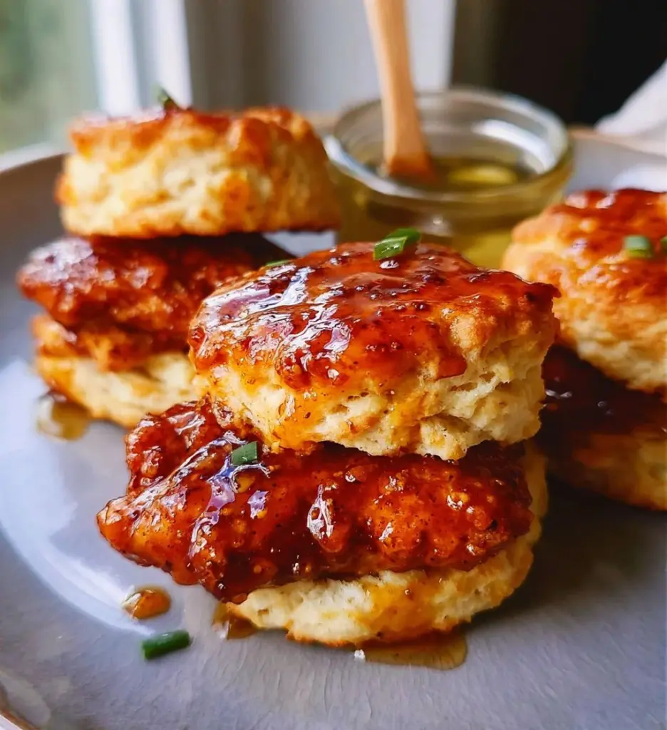 Delicious hot honey chicken biscuits served on a plate