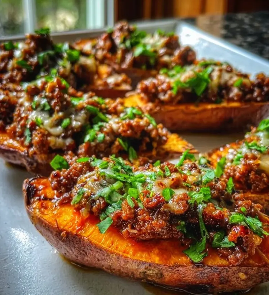 Hot honey ground beef filling roasted sweet potato boats for a delicious meal.