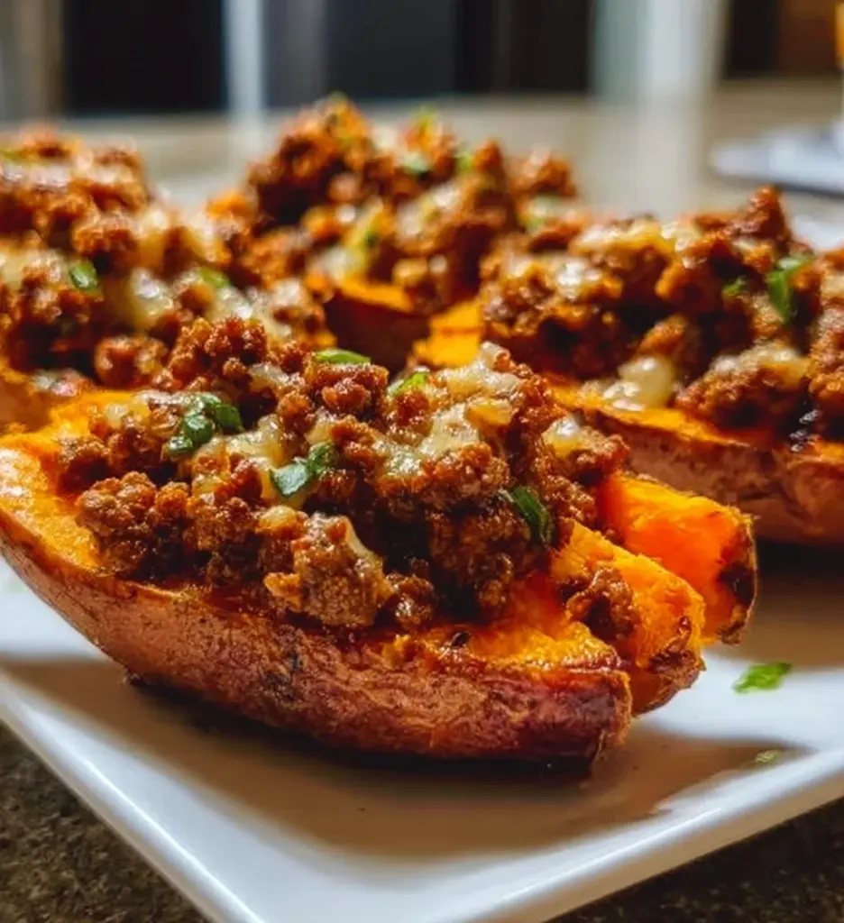Hot honey beef sweet potato boats topped with drizzle of spicy honey