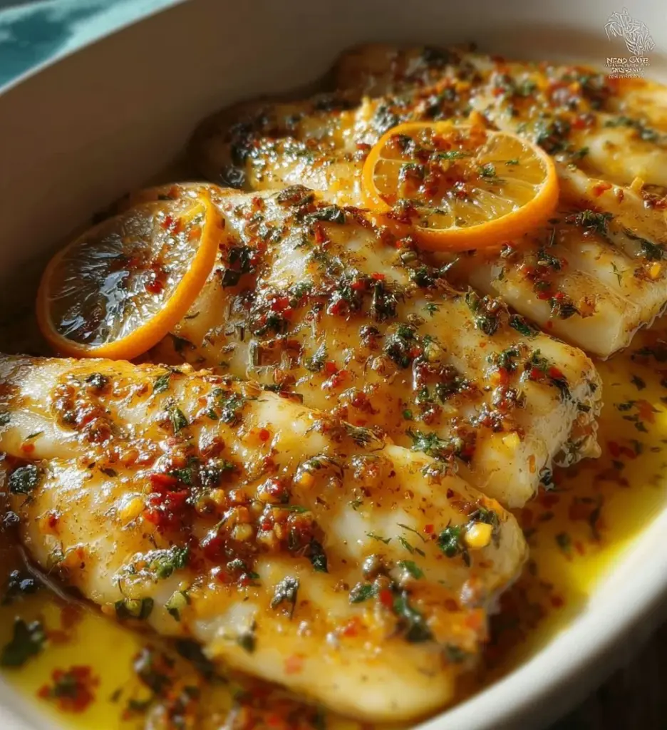 Baked sole fish served with lemon and herbs on a plate