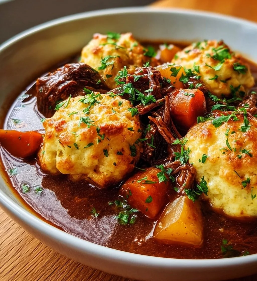 Hearty Irish stew with cheddar dumplings served in a bowl