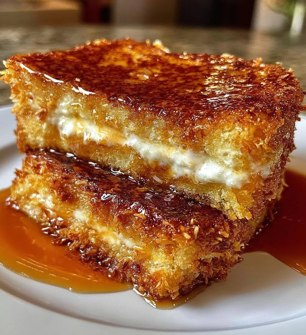 Coconut crusted stuffed French toast topped with fresh fruit and syrup