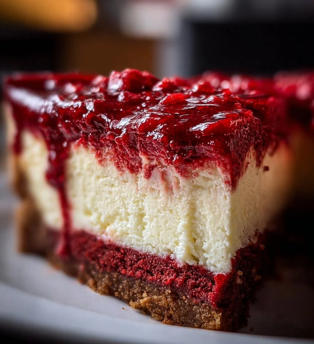 Knock You Naked Red Velvet Cheesecake topped with cream cheese frosting