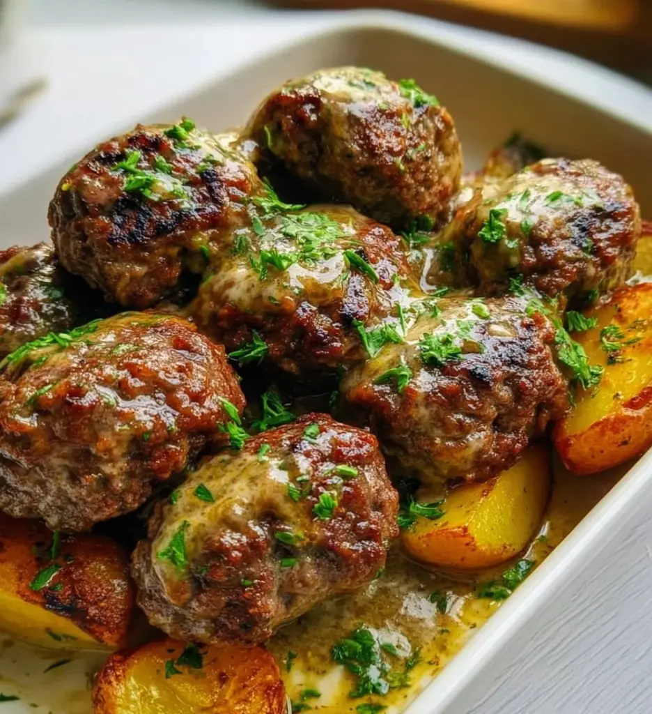 Kofta served with olive-oil tossed potatoes and creamy lemon tahini sauce