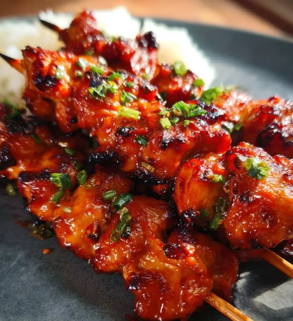 Korean chicken skewers grilled to perfection, served with dipping sauce.