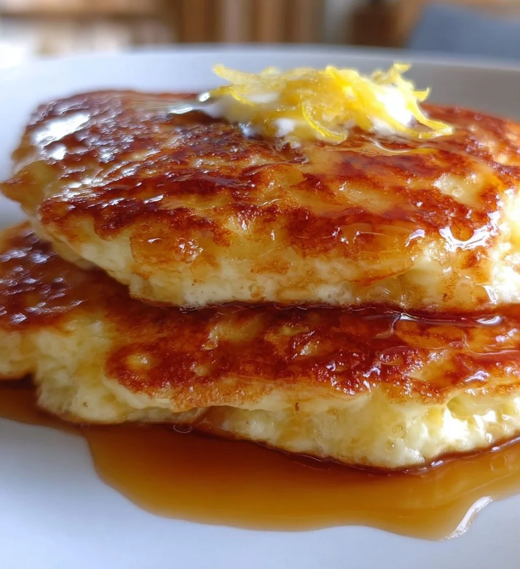Fluffy Lemon Cottage Cheese Pancakes served with fresh fruit