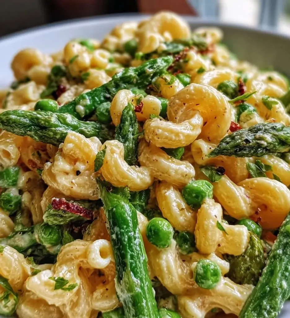 Lemon-Dijon asparagus and pea macaroni salad in a bowl