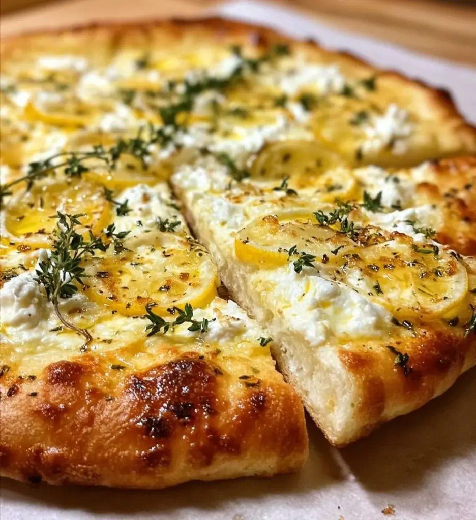 Lemon Pizza with Ricotta, Mozzarella, and Fresh Thyme on a wooden board