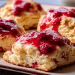 Freshly baked Lemon Raspberry Scones on a rustic wooden table