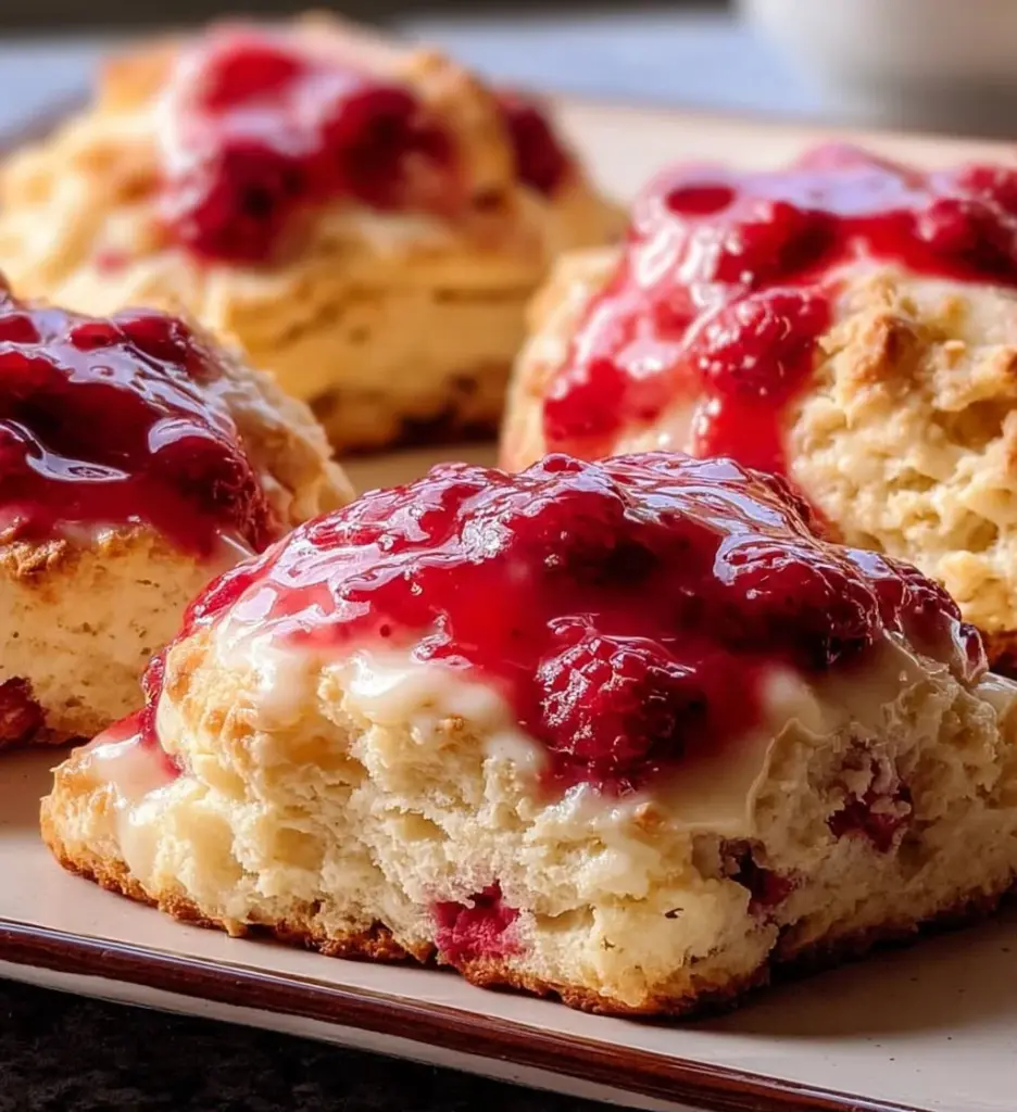 Freshly baked Lemon Raspberry Scones on a rustic wooden table