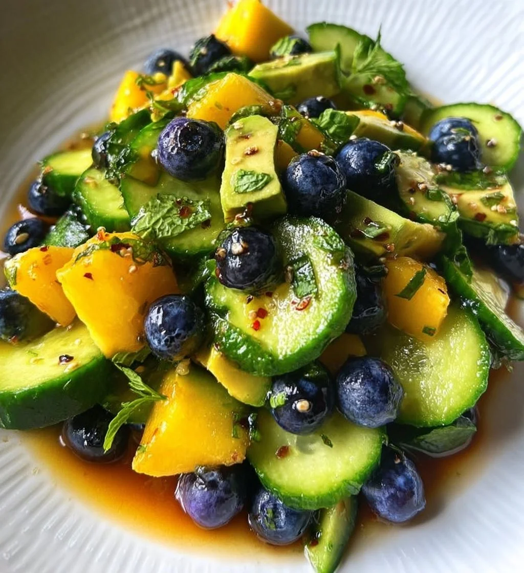 Mango Cucumber Salad with Blueberries and Avocado served in a bowl