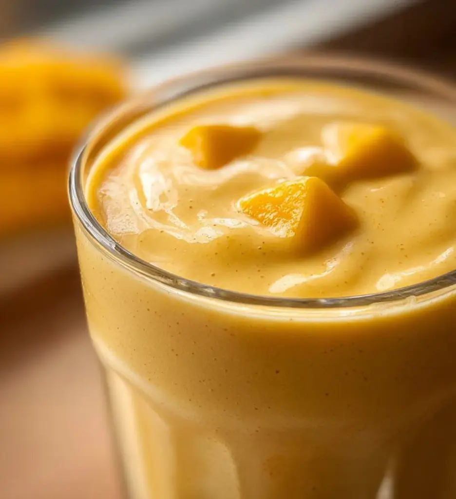 Delicious mango protein smoothie in a glass with fresh mango slices.