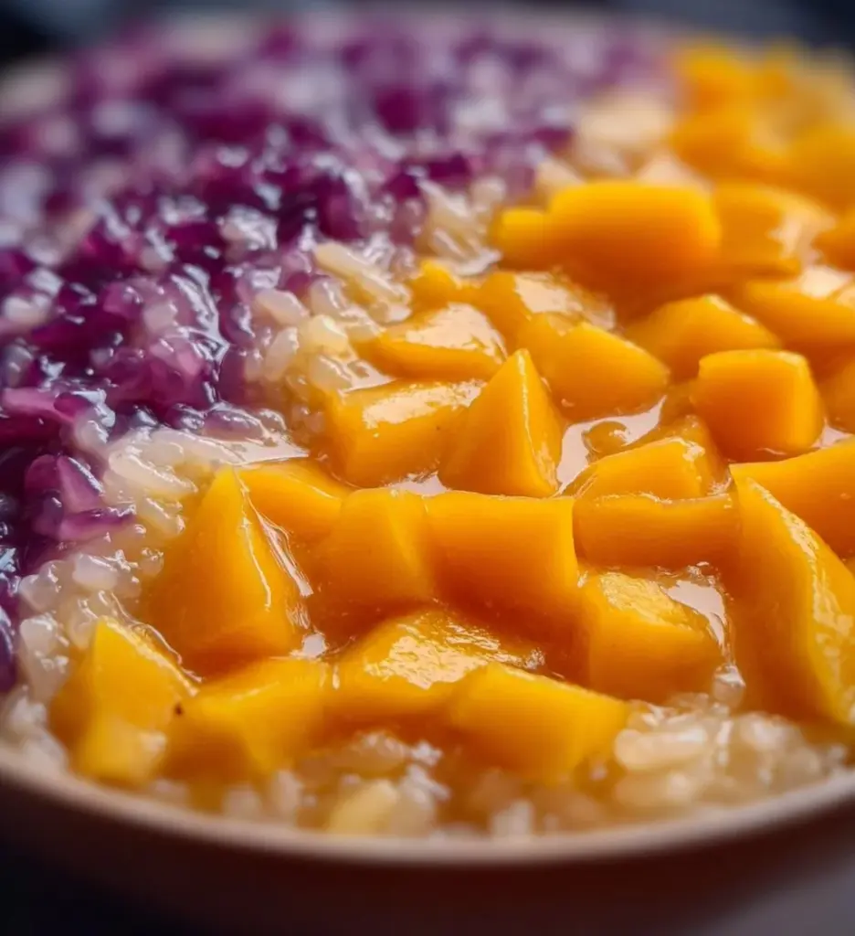 Delicious Mango Ube Sticky Rice dessert with mango slices and purple ube layer.