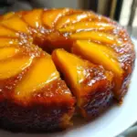 Slice of Mango Upside-Down Cake with caramelized mango slices on top
