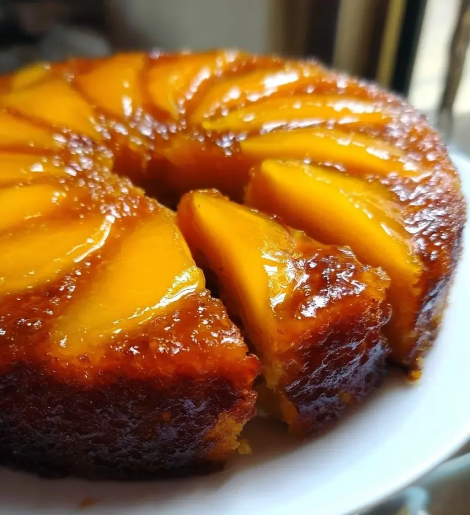 Slice of Mango Upside-Down Cake with caramelized mango slices on top