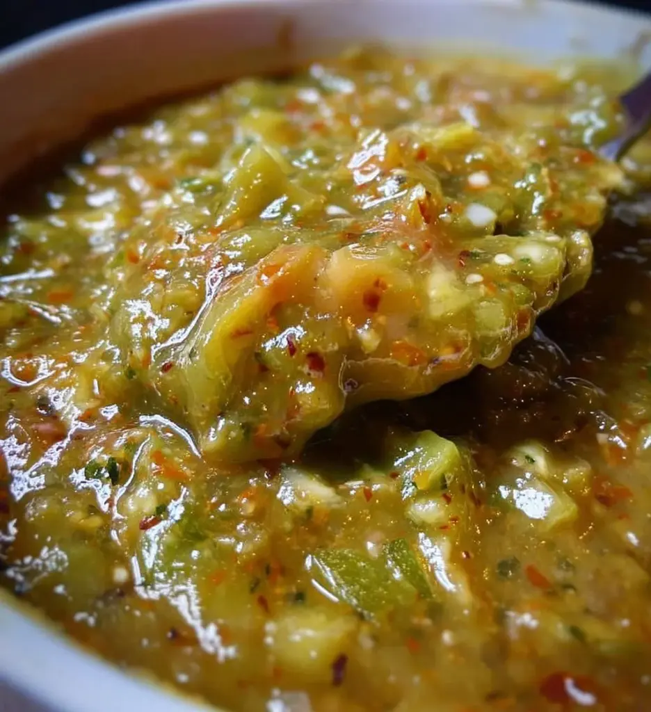 Bowl of Mexican Avocado Tomatillo Spicy Salsa with fresh ingredients