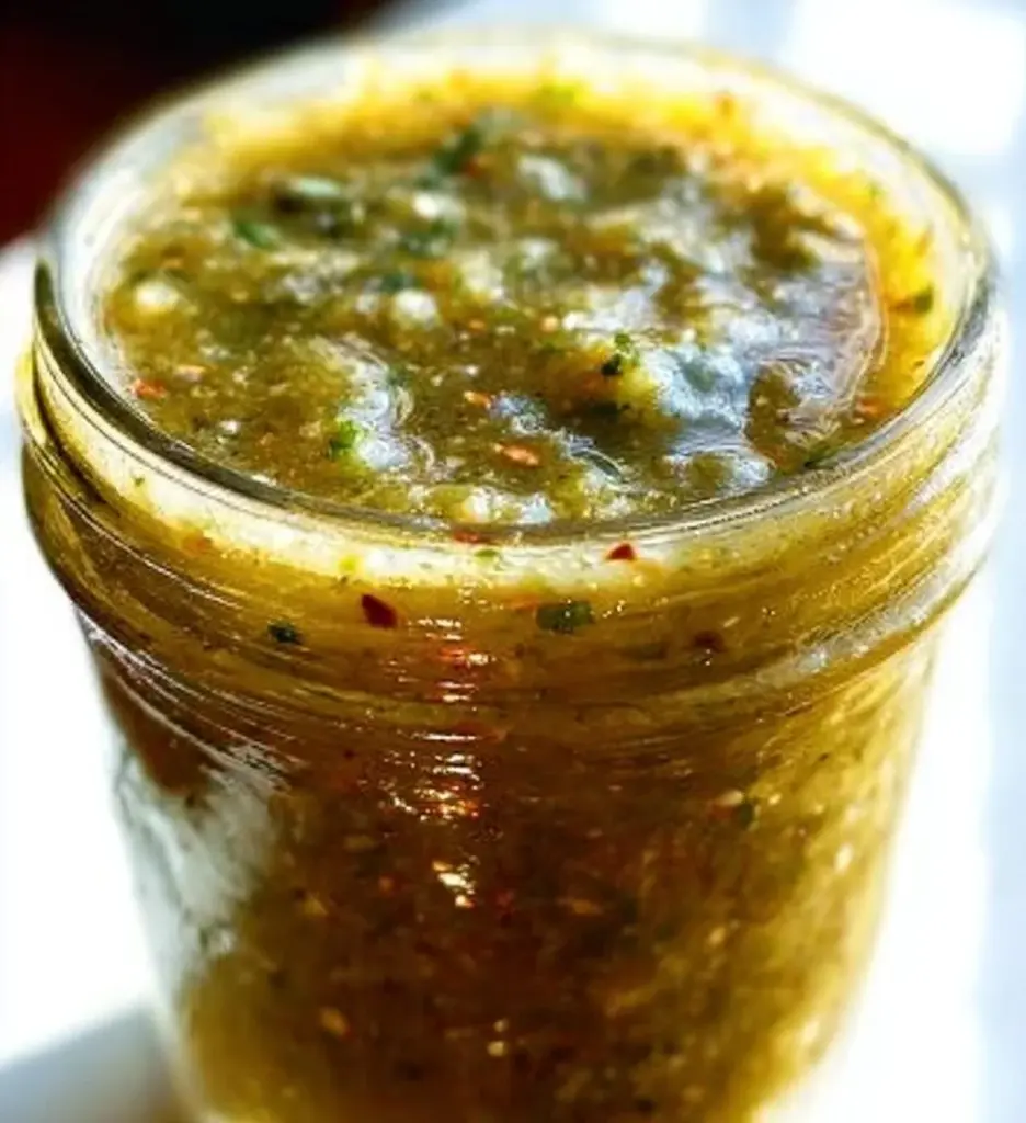 Delicious Mexican tomatillo green sauce in a bowl, fresh ingredients around.