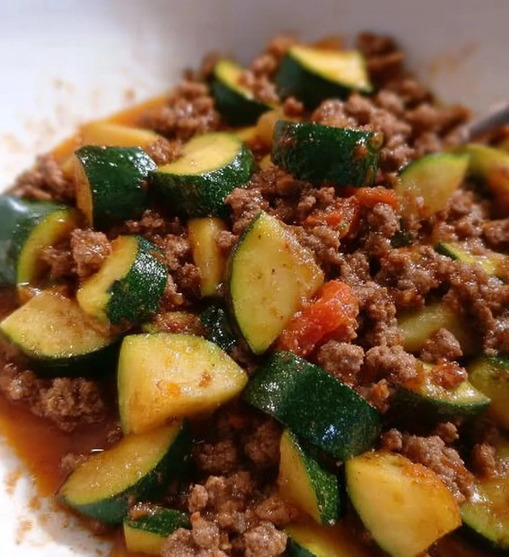 Mexican zucchini and ground beef skillet dish served in a pan.