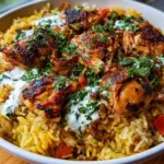 Middle Eastern chicken and rice served with yogurt tahini sauce.