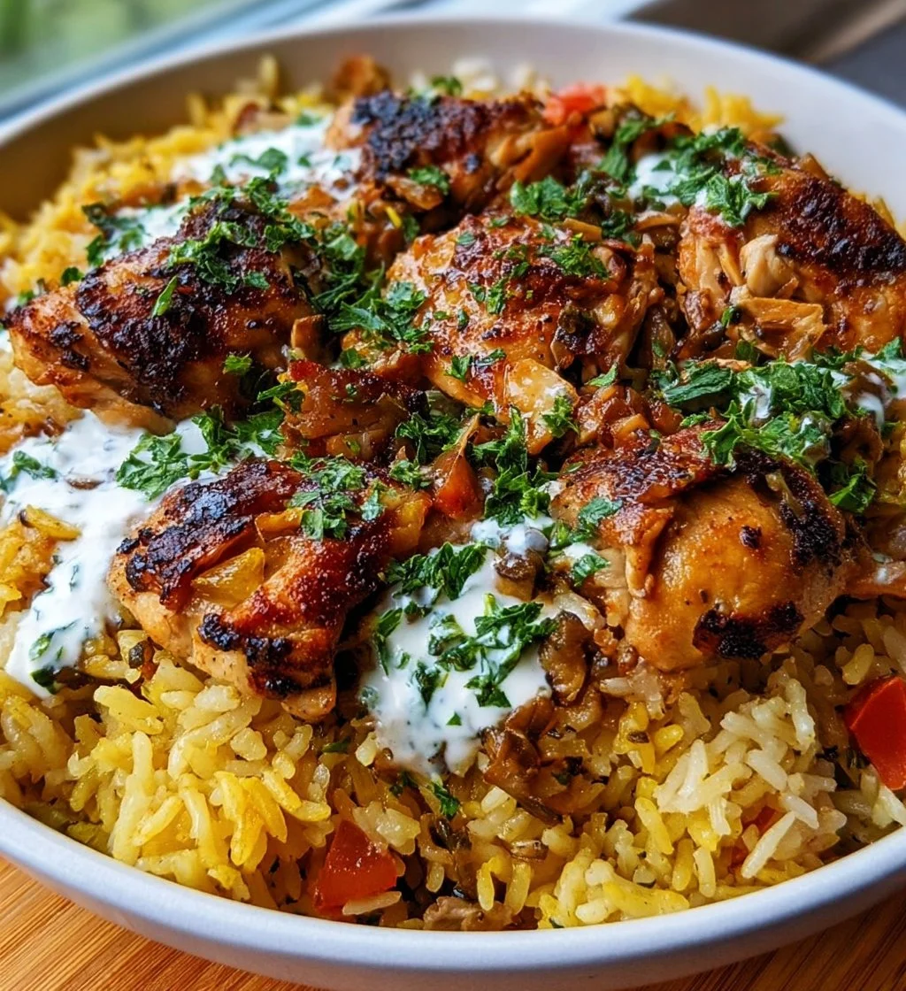 Middle Eastern chicken and rice served with yogurt tahini sauce.