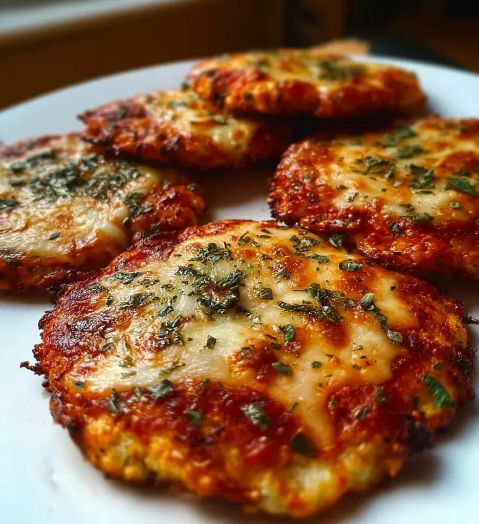Mini cauliflower crust pizzas topped with fresh ingredients and cheese