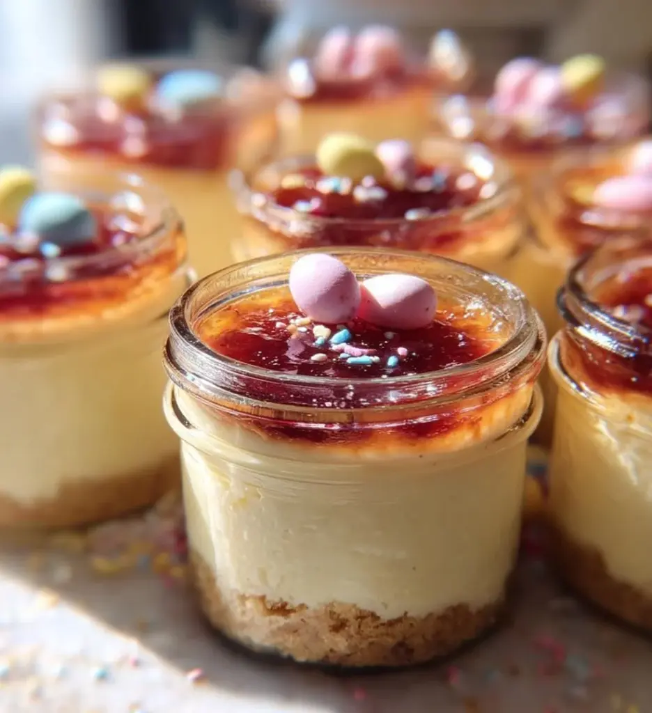 Mini Easter Cheesecake Jars topped with colorful sprinkles