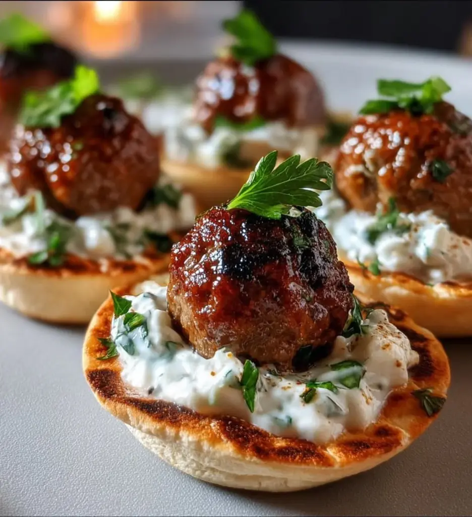 Mini Greek meatball bites with tzatziki sauce on pita bread