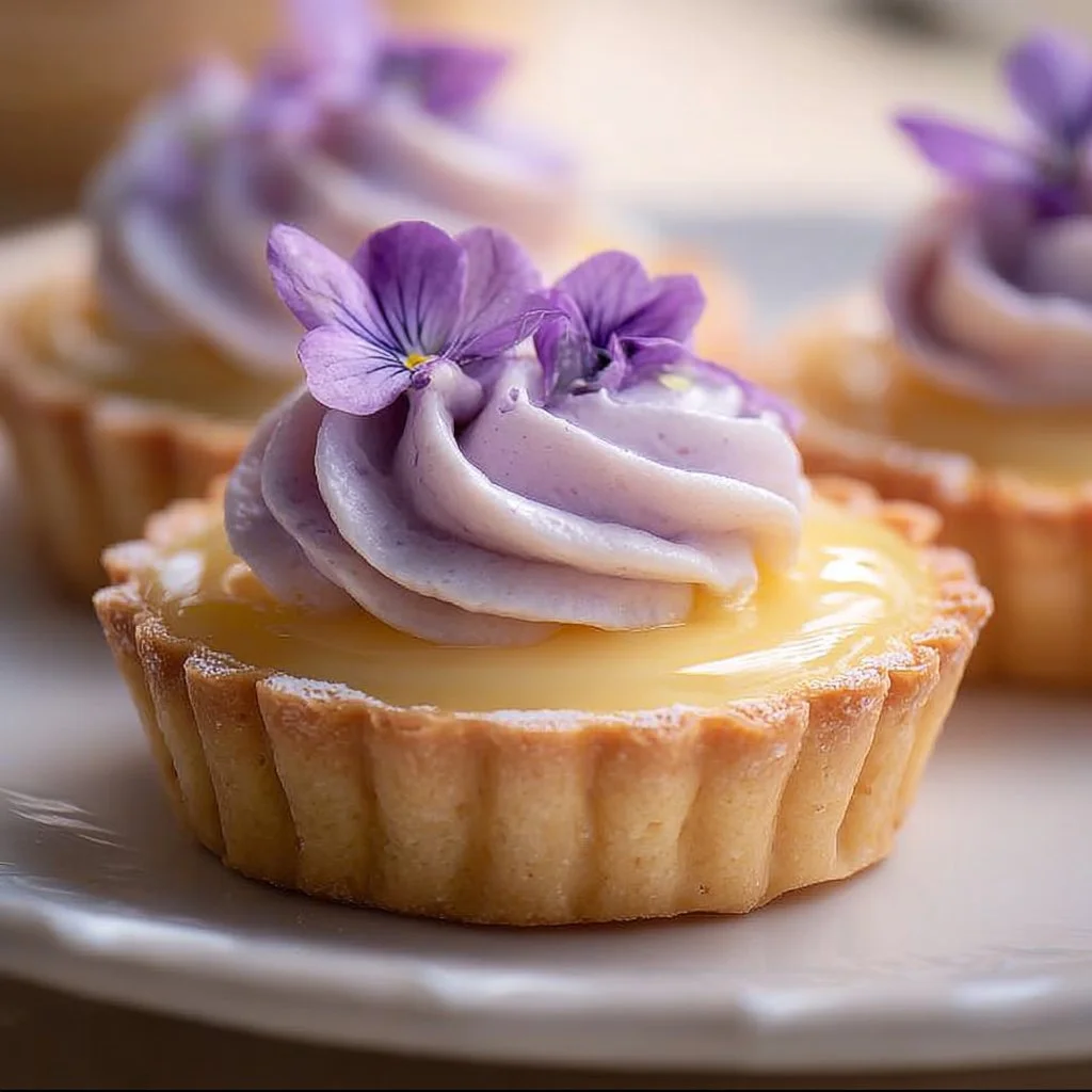 Mini lemon tart with lilac meringue, a delightful dessert treat.