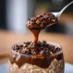 Bowl of mocha coffee overnight oats topped with chocolate and coffee beans