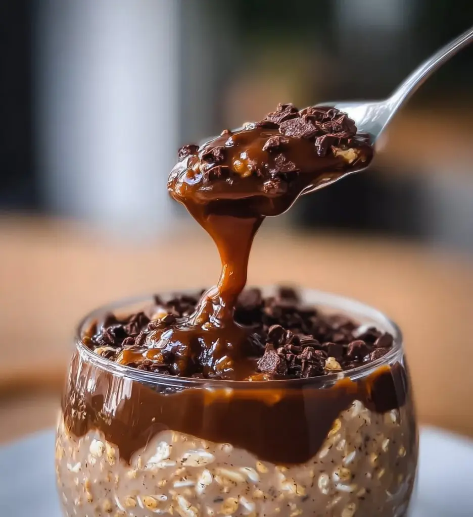 Bowl of mocha coffee overnight oats topped with chocolate and coffee beans