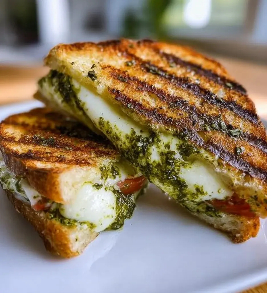 Grilled Mozzarella Pesto Panini with fresh ingredients and toasted bread