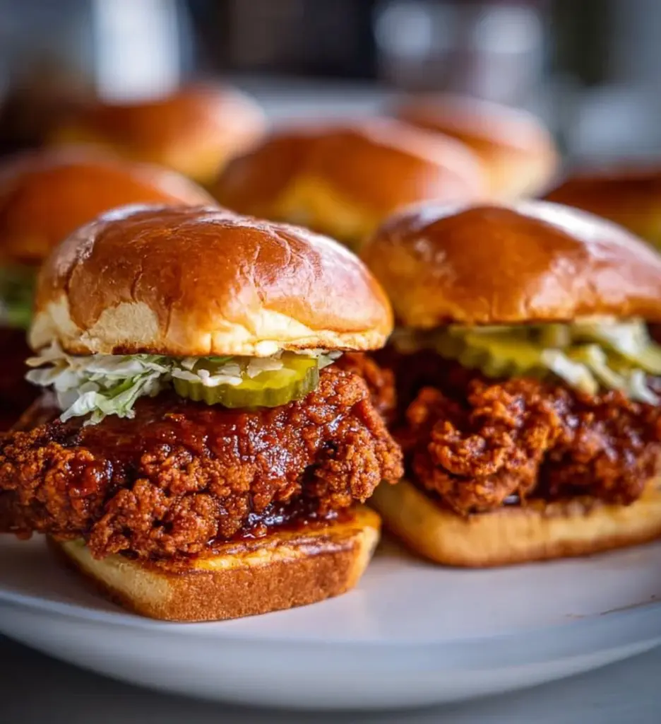 Delicious Nashville hot chicken sandwich served with pickles and spicy sauce