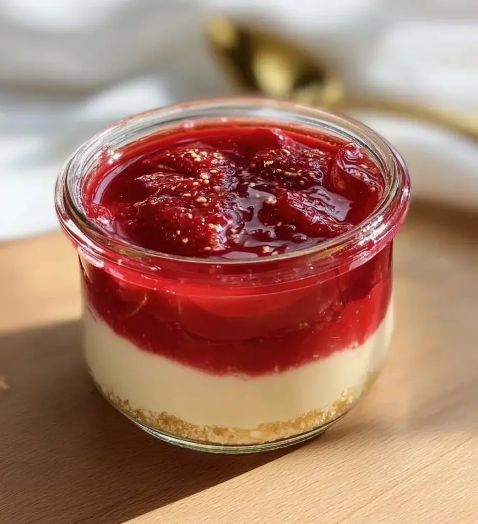 No bake protein cheesecake jar topped with fresh berries and nuts